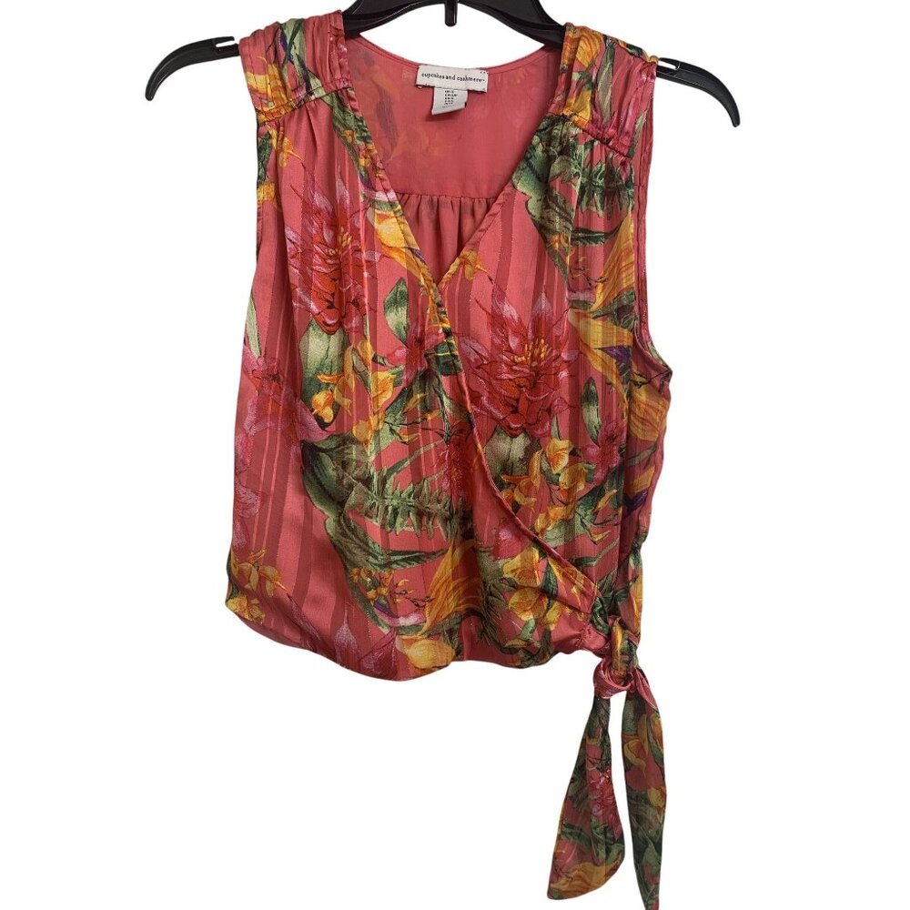 Cupcakes & Cashmere‎ S Tropical Metallic Wrap Style Cropped Top Tie Waist